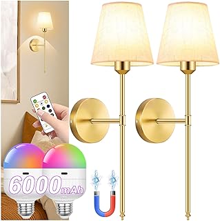 ZHENMING Battery Operated Wall Sconces Set of Two,6000mAh Battery Operated Wall Lights Wireless Wall Sconces with Remote,2700K-6000K and RGB Modes Wall Lamp for Bedroom,Bulb Included (Gold)