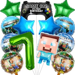 Pixel Balloon Birthday Decoration 7 Years, Pack of 13 Miner Gamer Children's Birthday Party Bags Boys 7, Balloon Birthday 7 Years Boys Gamer Balloon Decoration Birthday Party Bag Balloon