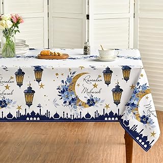 Horaldaily Ramadan Tablecloth 52×70 Inch Rectangular, Eid Mubarak Star Washable Seasonal Table Cover for Party Picnic Dinner Decor