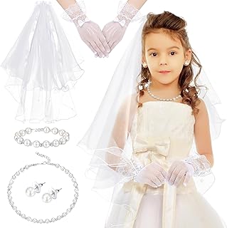 Bencailor 5pcs First Communion Veil Set for Girls White Lace Gloves with Hair Comb Pearl Necklace Bracelet Earrings