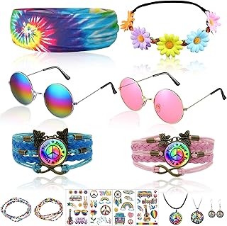 Fractoluxe Set of 16 Hippie Accessories for Men and Women, 70s Set, Hippie Costume Accessories, Hippie Jewellery with Round Sunglasses, Peace Sign Necklace, Colourful Hippie Headband for Carnival,