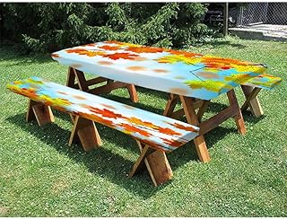 Maple leaves Picnic Fitted Tablecloth and Bench Seats Table Cover, Autumn floral forest texture, for outdoor picnic parties, 28 x 72 Inch