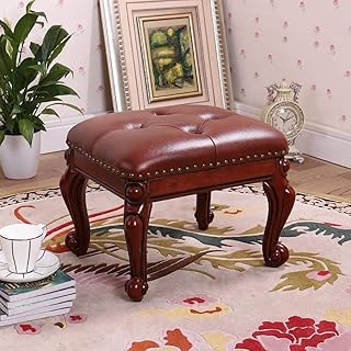 Pu Leather Luxuries Footrest Stool with Button 4-Carved Wood Legs,Small Upholstered Footstool,Vintage Ottomans Sofa Coffee Stool,Dark Brown-37x30cm(15x12inch)