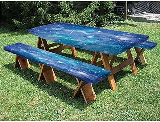 Space Picnic Fitted Tablecloth and Bench Seats Table Cover, Vibrant Star Clusters Constellation Dusty Deep Interstellar Ethereal Infinity Picture Image, for Outdoor/BBQ/Camping, 28 x 72 Inch Blue-F