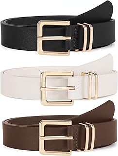 VONMELLI 3 PACK Women Leather Belts for Jeans Pants Dresses Fashion Ladies Waist Belt with Gold Square Buckle