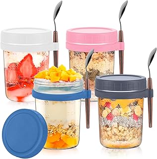 Esilihom 4 Pack Reusable Overnight Oats Jars with Lid and Spoon, 350ml Yoghurt Pots Jars for Overnight Oats Container, Glass Mason Jars for Cereals, Milk, Yogurt, Fruit, Salad