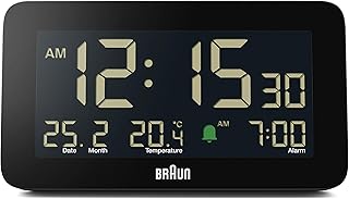 ساعة منبه ديجيتال من براون مزودة بشاشة عرض التاريخ والشهر ودرجة الحرارة شاشة LCD نيجاتيف تتميز بالظبط السريع يصدر تنبيه بصوت تصاعدي طراز BC10B. أسود بولي كربونات PC