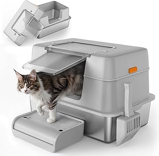 Stainless Steel Litter Box with Lid, Enclosed Extra Large 3-in-1 Metal Litter Box, Covered Stainless Steel Pan with High Sides for Big Cats, Side Entry, Non-Sticky, Anti-Leakage, Easy Cleaning