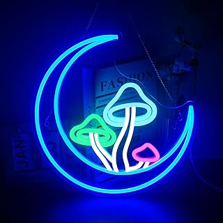 DREAMFORT Moon Mushroom Neon Sign Moon Neon Signs for Wall Decor Mushroom Neon Signs USB Connectivity Blue LED Signs for Children Bedroom Living Room Kids Room Game Room Home Bar Party Gift