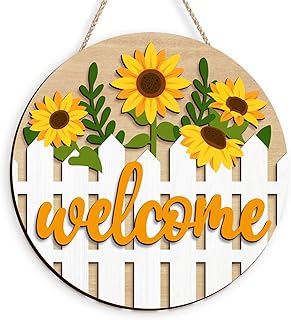 Kas Home Welcome Sign for Front Door Sunflower Welcome Door Sign Farmhouse Summer Porch Decor Rustic Wooden Sign Wall Decor Hanging Plaque for Outdoor Porch Yard Indoor with Rope(12", White)