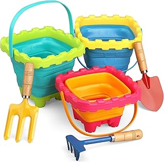 Dilabnba 3PCS 2.5 L Collapsible Beach Buckets with Metal Garden Shovels Set Toys for Kids Toddlers, Portable Silicone Foldable Pails Buckets for Camping Beach Party