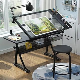 Adjustable Artist W Station with Stool Drawers Side Trays and Pencil Ledge Ideal for Home Office or Drawing Table Adjustable Height and Angle (Black 1*Side Tray)