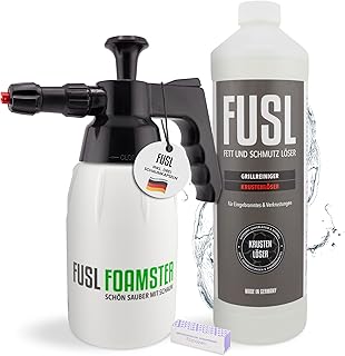 FUSL Grill Cleaner Set - Foamster Foam Cannon + 1 Litre Crust Remover - Extra Strong Grill Cleaner for Gas Grill, Smoker & Grill Grate - Biodegradable & Effective - Made in Germany