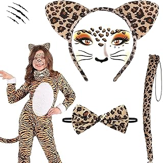 GUIANLOU 4-Piece Leopard Costume Set Headband Leopard Ears Leopard Face Art Sticker Headband Leopard Tail Bow Tie Leopard Costume for Carnival Halloween Costume Party, a, A