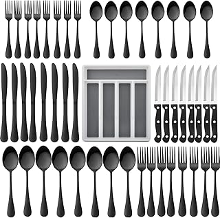 مجموعة ادوات طعام فضية مكونة من 49 قطعة ل 8 اشخاص مع منظم ادراج ادوات الطعام، مجموعة ادوات المائدة من الفولاذ المقاوم للصدا من شركة اتش وير مع 8 سكاكين لشرائح الستيك، وامنة في غسالة الاطباق - اسود