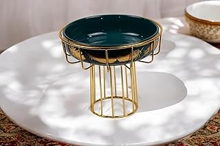 Modern Fruit Bowl Set with Ceramic Dish and Gold Metal Stand, Decorative Wire Base Display, Green