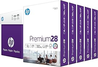 ورق طابعة بريميوم 28 باوند من HP صنع في USA مقاس 8.5×11، عبوة مكونة من 5 رزم تحتوي على 2500 ورقة خالية من الاحماض بسطوع 100 مصممة لتناسب منتجات HP، معتمدة من مجلس رعاية الغابات (FSC)، 205200C