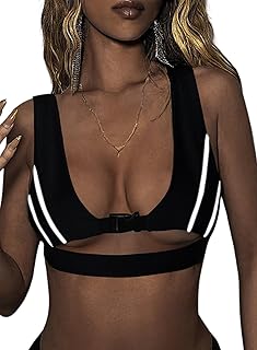 Damen Reflektierendes Rave Bikini Oberteil - Sexy Festival Outfit Push Up Triangel Bikini BH Schwarz Schnalle Unterboob Shirt Oben Kurz Goth Top Techno Party Nightclub Konzert Outfit