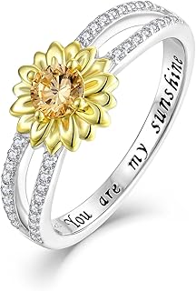 Starchenie Sunflower Flower Ring Sterling Silver Cubic Zirconial Sterling Silver You are My Sunshine Band Rings for Women