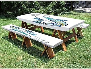 Underwater Picnic Fitted Tablecloth and Bench Seats Table Cover, Hammer Head Shark Ornate Underwater Sea Oceanic Life Animals Marine Theme, for Christmas, parties, picnics, 28 x 72 Inch Blue