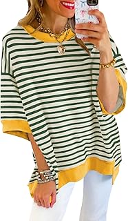 Womens Summer Tops Casual Short Sleeve Sweatshirt Striped Shirt Crewneck Pullover T Shirts Loose Blouses Green Stripe M, Green Stripe, M