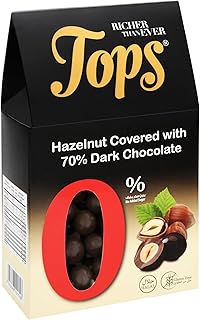 باكيت شوكولاتة غامقة توبس دراجية بندق 70 % كاكاو بدون سكر 150 جم عدد 12 حبة Tops Dark Chocolate Dragee Hazelnut 70% Cocoa Sugar Free 150g Packet 12 Pieces