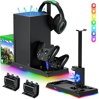 حامل شحن RGB مع مروحة تبريد لوحدة تحكم Xbox Series X ووحدة التحكم، ملحقات نظام تبريد محطة شحن مزدوجة مع 15 مصباح RGB، 2 × بطارية قابلة لاعادة الشحن 1400mAh، حامل سماعة راس، اقراص العاب، من مينيا، مطاط