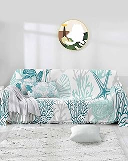 Turquoise Grey Coastal Coral Sofa Covers for 3 Cushion, Washable Couch Cover for Sectional Sofa Slipcovers, Ocean Nautical Summer Beach Turtle Starfish Loveseat Covers Futon Cover Throw Blanket 71x118