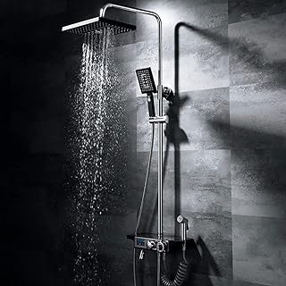 Bathroom Black Bathroom Shower Set Booster Thermostat Temperature Control Led Screen Display 4 Function Hand Shower System Square Top Spray Lift Bar With Faucet Bidet Fixed Showerheads Showe