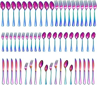 مجموعة ادوات مائدة فضية مكونة من 60 قطعة من رينبو تتضمن سكين وشوكة وملعقة تكفي لـ 12 شخصًا، مصقولة بمرآة وامنة للاستخدام في غسالة الصحون