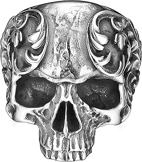 دوكيهس خاتم من الستانلس ستيل للرجال، خاتم جمجمة للرجال، خاتم هيب هوب بانك قوطي روك للهالوين، خاتم فضي للرجال