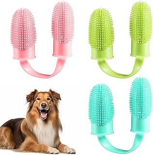 Kitty&doggy Go 3 Packs Dog Toothbrush Dog Tooth Brushing Kit, Pink Blue Green Soft Double Finger Toothbrush for Dogs Small Breed, Medium Large Dogs