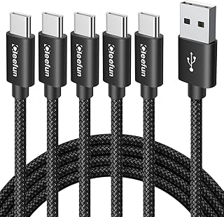 كيبل USB C [6 قدم، عبوة من 5 قطع]، كيبل كليفن USB A الى نوع C للشحن السريع مضفر متوافق مع سامسونج جالاكسي S22 S21 S20 FE الترا S10E S10 S9 بلس 5G، نوت 20 10 9 A10e A12 A20 A50 A51