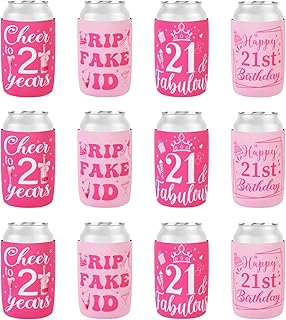 Serencatcher Rip Fake Id 21st Birthday Decorations for Her, 12pcs Cheers to 21 Can Cooler Pink Champagne Wine Bottle Can Sleeve Happy 21st Birthday Party Supplies Girl Woman