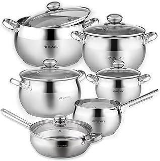 Daniks Classic Stainless Steel Cookware Set with Lids, Induction Saucepans, 8 Pieces: 16/18/20/24 cm, Frying Pans 22 cm, Measuring Scale, Silver