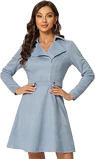 Women's Valentine's Day Faux Suede Dress Lapel Collar Zip Up Long Sleeve A Line Mini Dress