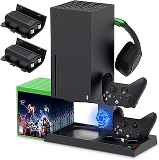 واي يو ايه ان اتش او تي حامل تبريد عمودي متوافق مع Xbox Series X، قاعدة قاعدة شحن مع بطارية قابلة لاعادة الشحن 1400mAh ومنافذ شاحن وحدة تحكم مزدوجة (غير متوافق مع Xbox One X/S)، اسود، USB