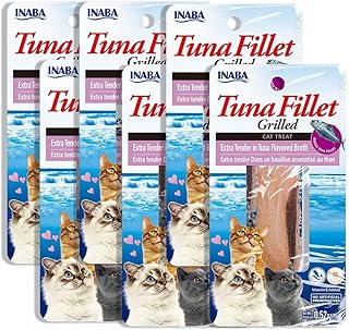 INABA Premium Hand-Cut Grilled Tuna Fillet Cat Treats/Topper with Vitamin E and Green Tea Extract, 0.52 Ounces Each, Pack of 6, Extra Tender Tuna Broth