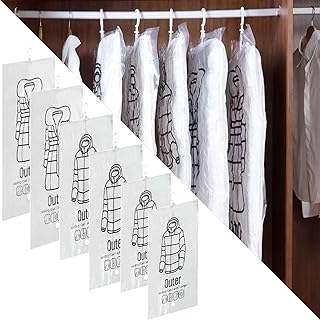 6 Pack Hanging Vacuum Bags for Clothes, Space Saving, Reusable Coat Vacuum Storage Bag for Hanging Closet, Jackets, Clothes, Comes(67 * 90cmX2丨67*110cmX2丨60*130cmX2)