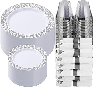 350 Piece Silver Plastic Dinnerware Set for 50 Guests, Fancy Disposable Plates for Party, Include: 50 Silver Dinner Plates, 50 Dessert Plates, 50 Pre Rolled Napkins with Silver Silverware, 50 Cups