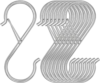 خطافات تعليق على شكل حرف S شديدة التحمل مقاس 9 سم مع مشبك أمان لتعليق النباتات والملابس وأدوات المطبخ والأواني والمقالي والشنط لون فضي 8 قطع منويتكي 40.0 رطل 40.0