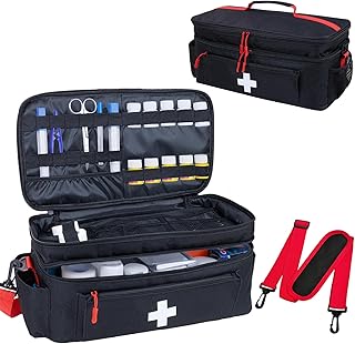 ALSLEA First Aid Bag Empty Large Medical Bag with Shoulder Strap Medicine Organizer Box Travel First Aid kit Emergency Supplies Storage Bag for Car, Home, Office, Outdoor, Camping, Hiking (Black)