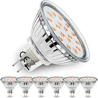 مجموعة من 6 مصابيح LED بيضاء دافئة GU5.3 MR16 بقدرة 5 واط بديلة لمصباح الهالوجين 45 واط 450 لومن تيار متردد/تيار مستمر 12 فولت - غير قابلة للتعتيم من اليسجوت، أبيض دافئ