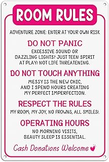 T&R Funny Room Rules Sign, 12 x 8 inches .040 Aluminum, Room Decor for Girls Cave, Bedroom, Dorm, Wall, Cute Teenage Door Sign & Fun Gifts for Birthday and Holidays, 4 Pre-drilled Holes