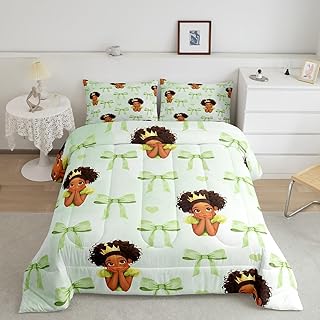 Cute Princess Comforter Set Queen Size,Green Bowknot Marble Paint Bedding Set 3 Pcs for Teens Girls,Fairy Tale Black Skin Girl Frog Crown Down Comforter,Green Duvet Insert,2 Pillowcases