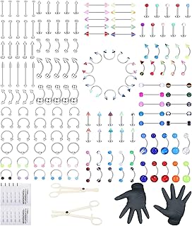 Ubjuliwa 148pcs - 185pcs Body Piercing Jewelry for all piercings, Tongue Nipple Rings Eyebrow Lip Belly Button Barbell Nose Piercing Tragus Navel body jewelry for women piercings 14g-18g