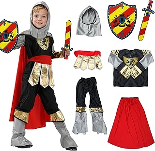 HUIKUANGEU Knight Costume Child, Children's Costume Knight, Knight Costume Deluxe Set, Fancy Dress Costumes, Medieval Costume with Shield and Sword, Knight Costume Set for Children, for Carnival,