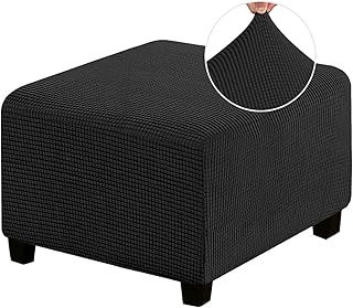 Velvet Ottoman Cover, Stretch Footstools Covers, Plush Foot Stool Slipcover, Removable Footrest Stool Sofa Slipcovers, Folding Storage Stool Furniture Protector for Room (Black, Large)