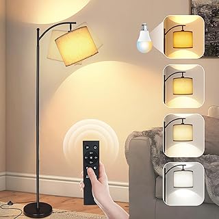 2024 LED Floor Lamps for Living Room, 12W 1200LM Modern Arc Floor Lamp with Remote & Adjustable Linen Lampshade, 12 Color Temperature Stepless Dimmable Tall Standing Lamp for Bedroom Office Reading