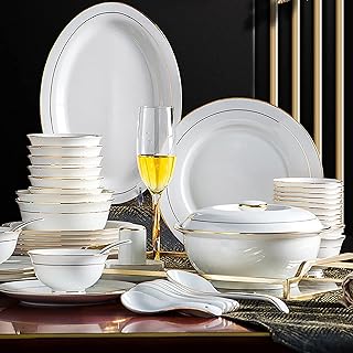 42 Pieces Dinner Set for 6, White Porcelain Bone China Kitchen Combi-Set Tableware Set with Cereal Bowl Bowls Dessert Plates Soup Plates Dinner Plates with Gold Rim